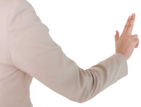 Digital png photo of hand of cuacasian businesswoman using touchscreen on transparent background