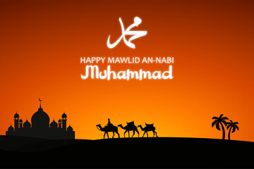Fototapeta na wymiar vector happy mawlid an-nabi with orange sunset and camels silhouette