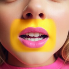 Cute girl with fun makeup. Pink lips and yellow facial skin 
