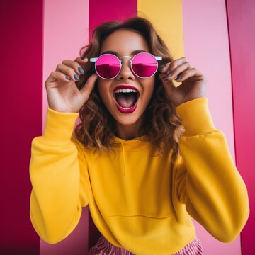 Happy girl in pink glasses and a yellow sweater shouts cheerfully 