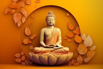 Gautam buddha purnima golden color with leaf. orange 3d circle base background wallpaper, Generative AI