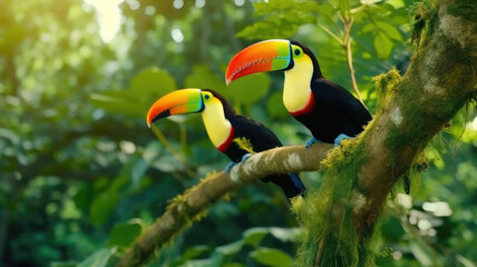 Toucan sitting on the branch in the forest, green vegetation, Costa Rica.
