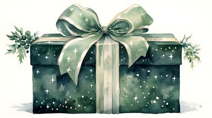 dark green present with green ribbon isolated on white background, watercolor illustration