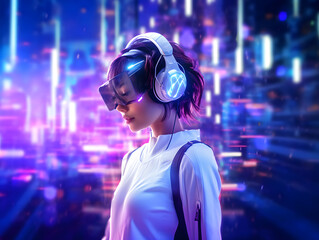 Portrait of a beautiful young woman wearing virtual reality goggles. 3d rendering.