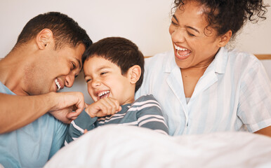 Happy, tickle and smile with family in bedroom for playful, morning and love. Care, support and...