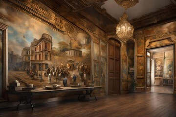 Fototapeta na wymiar a detailed 3D rendering scene of a wall painting depicting scenes from a historical era.