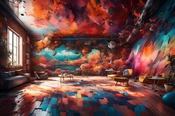 a captivating 3D rendering scene of a wall painting that transports viewers to surreal and imaginative dreamscapes.