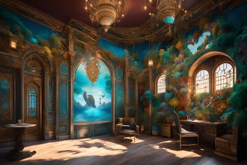  an enchanting 3D rendering scene of a wall painting that immerses viewers in a whimsical fantasy world.