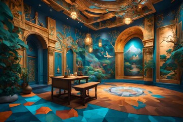 Fototapeta na wymiar an enchanting 3D rendering scene of a wall painting that immerses viewers in a whimsical fantasy world.