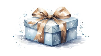 blue christmas gift box with gold ribbon, artistic watercolor illustration, isolated on white background