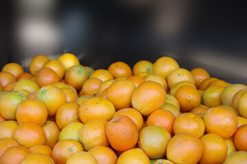 Oranges displayed at a market stand