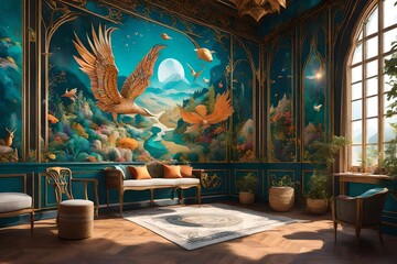 a vibrant 3D rendering scene of a wall painting that celebrates the beauty of nature.