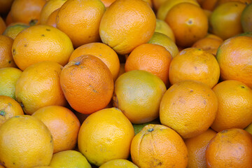 Oranges displayed at a market stand