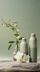 three white bottles of food and flowers made of rocks