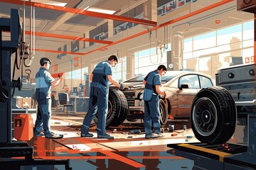 auto repair shop skilled employees assist customers with selecting and installing car tires.Generated with AI - obrazy, fototapety, plakaty