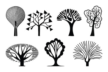 Set of stylized trees, black on white, vector design