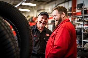 auto repair shop skilled employees assist customers with selecting and installing car tires.Generated with AI