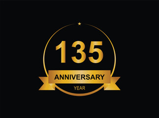 135 year anniversary celebration. Anniversary logo with ring and elegance golden color isolated on black background, vector design for celebration.