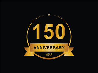 150 year anniversary celebration. Anniversary logo with ring and elegance golden color isolated on black background, vector design for celebration.