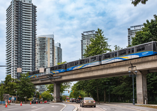 Surrey Central in Greater Vancouver BC. Elevated rail road of urban public transit system at the King George Ave. Surrey