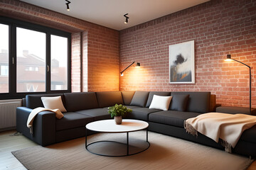 Comfortable sofa placed on rug near brick wall with lamps and black round tables in spacious room with windows in apartment designed in loft style. 3d rendering.
