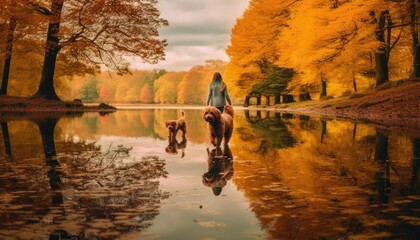 A photo of a girl and her energetic dog etriever running through a shallow creek, their splashes sending ripples through the water