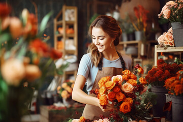Attractive woman florist working in flower shop. Orange flowers, autumn atmosphere - obrazy, fototapety, plakaty