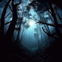  In a misty forest a ray of moonlight breaks through  
