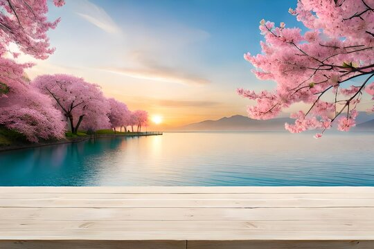 wooden white table at beautiful see charry tree in background and blue sky generated by AI tool