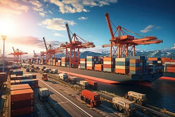 Fotobehang world of shipping transports. Depict a bustling port with cargo ships of various sizes and types, loading and unloading goods by cranes.Generated with AI © Chanwit