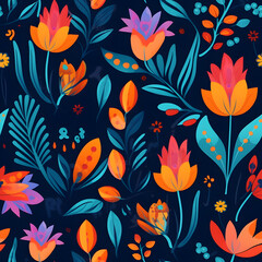 Seamless pattern with flowers and leaves on dark blue background.