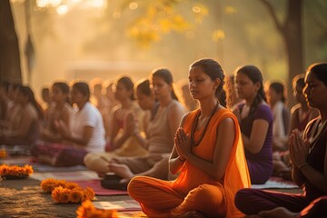 Yoga festival in India. Participants practicing yoga poses amidst natural surroundings.Generated with AI