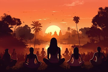Yoga festival in India. Participants practicing yoga poses amidst natural surroundings.Generated with AI - obrazy, fototapety, plakaty
