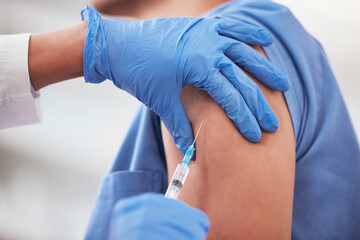 Covid vaccine, needle and arm of patient with doctor at hospital for immunization treatment...