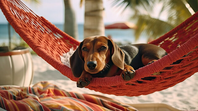 Jack russell dog relaxing on red hammock, on summer vacation holidays at the beach,generative ai