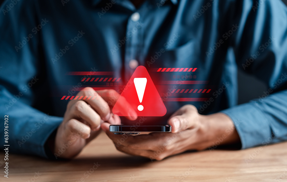 Aufkleber System warning caution sign for notification error and maintenance concept. cyber attack on computer network. Cybersecurity vulnerability, data breach, illegal connection, compromised information.