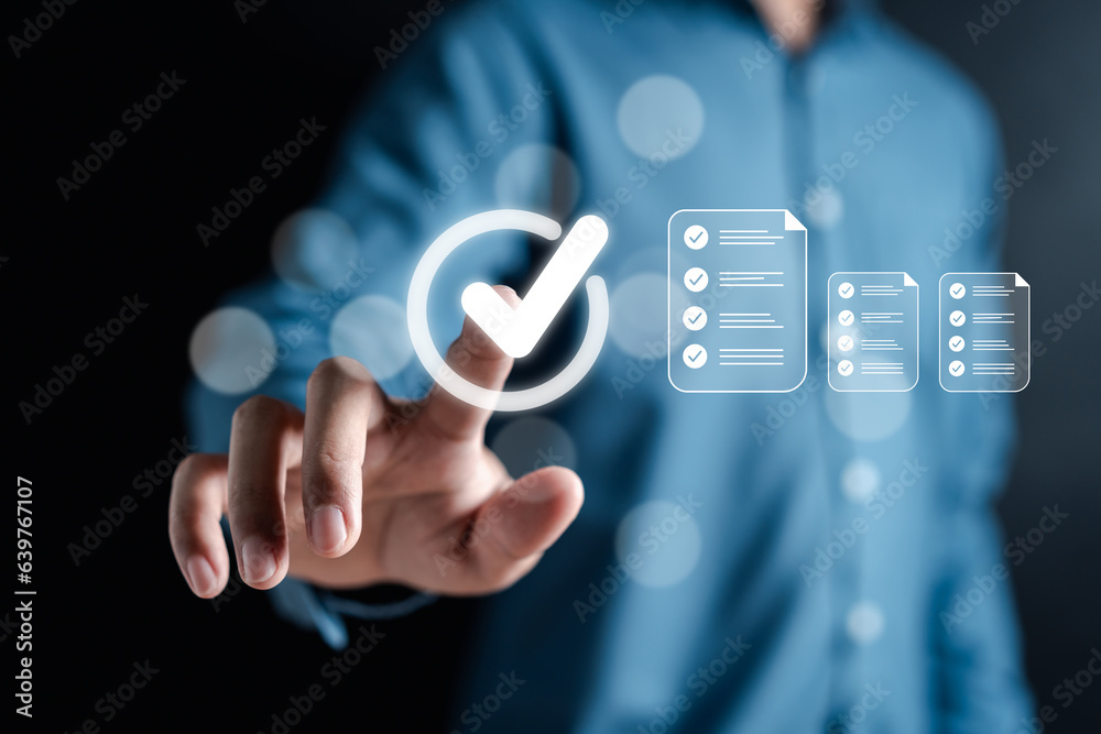 Aufkleber Quality Certificate and Checklist document inspecting target marketing planning assignment with quality management. Standardization, certification. Compliance to regulations service and standards.