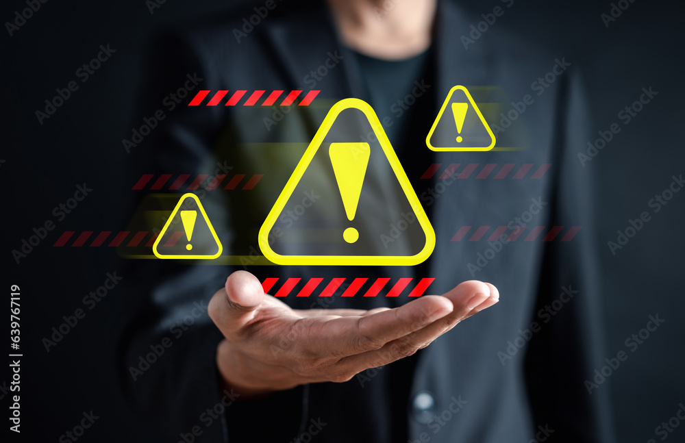 Aufkleber System warning caution sign for notification error and maintenance concept. cyber attack on computer network. Cybersecurity vulnerability, data breach, illegal connection, compromised information.