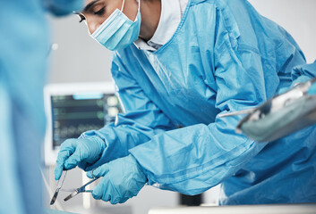 Healthcare, medical and doctor in surgery with surgical tools or equipment in the hospital....