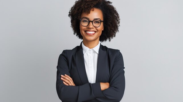 picture of a self-assured businesswoman grinning and crossing her arms while facing the camera