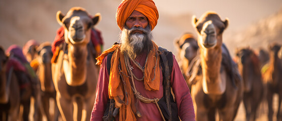 Obraz premium Indian old man leading a camels caravan through the desert
