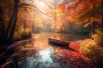Illustration of the scenic autumn landscape, single boat in the lake, Generative AI image.