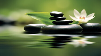 A pyramid of Zen stones on the surface of the water with juicy green leaves.