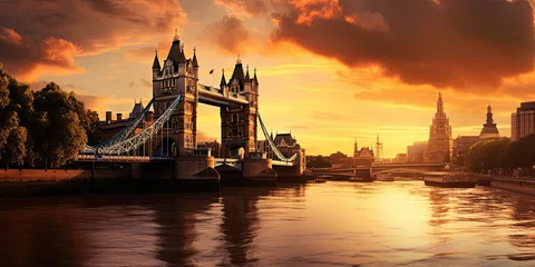 Fotobehang Panorama from the Tower Bridge to the Tower of London, United Kingdom, during sunset,generative ai © LomaPari2021