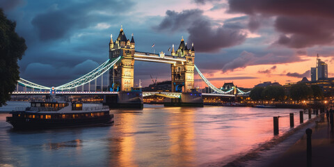 Fototapeta na wymiar Panorama from the Tower Bridge to the Tower of London, United Kingdom, during sunset,generative ai