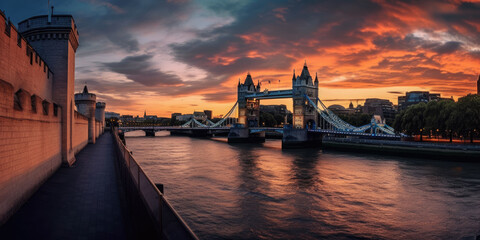 Panorama from the Tower Bridge to the Tower of London, United Kingdom, during sunset,generative ai