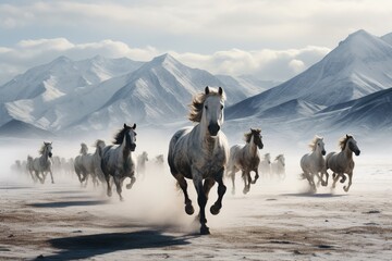 A herd of beautiful horses gallops across the field amid snow-covered mountains