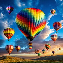 Obraz premium Colorful hot air balloon is flying at sunset . Generative ai