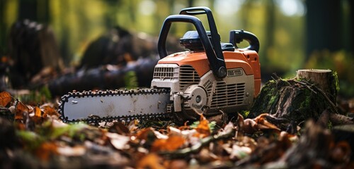 A beard man is cutting wood in the autumn forest with a chainsaw