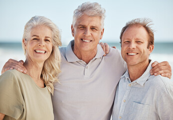 Beach, senior parents or happy man in portrait together on summer holiday vacation with smile or love. Family, support or son bonding with a mature dad or proud mother at sea in Australia to relax